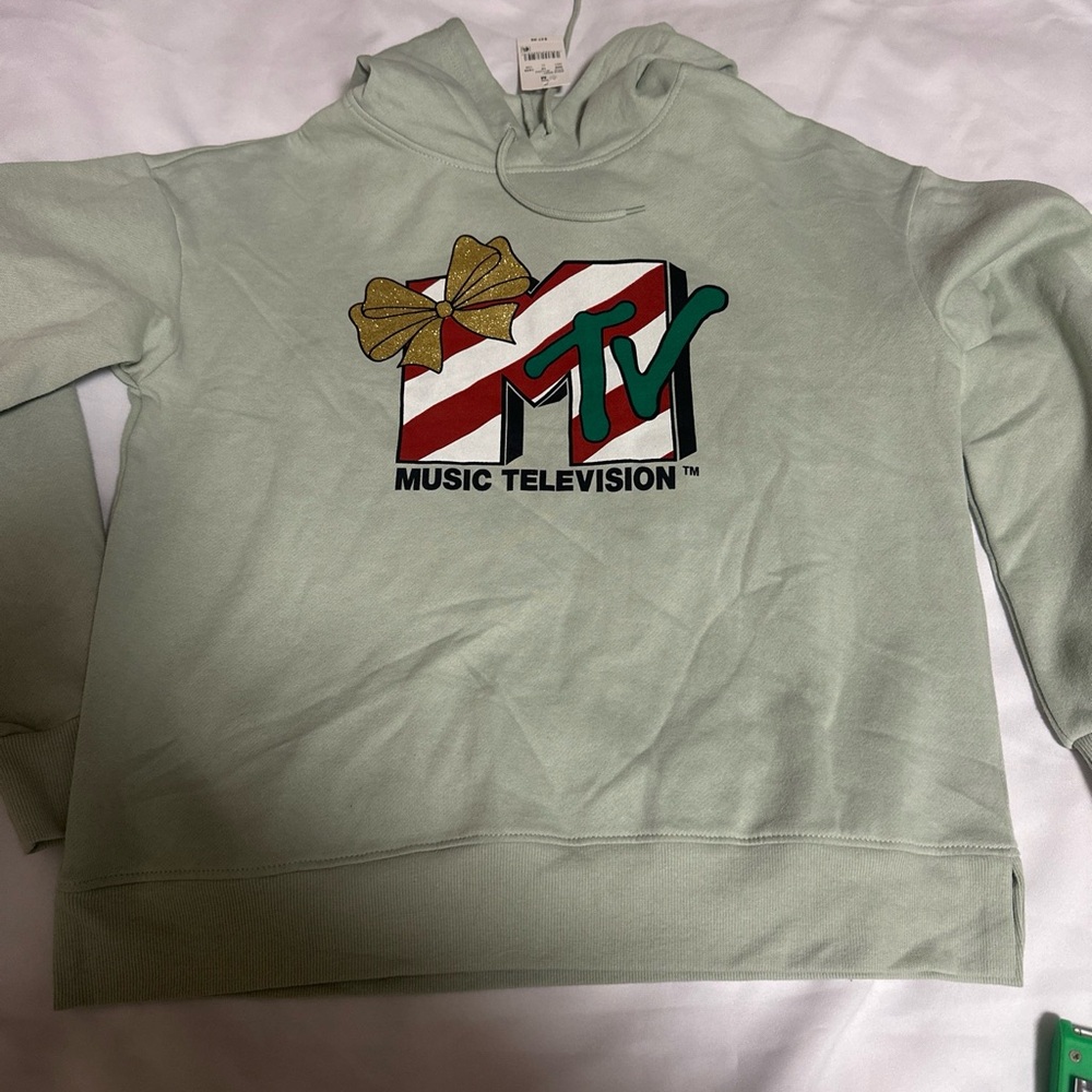 MTV Mint Green Sweater with Gold and Red Accents